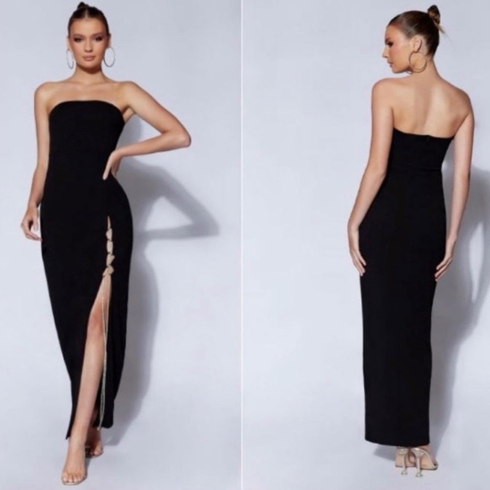 Meshki Black Strapless Midi Dress with Side Button Slit